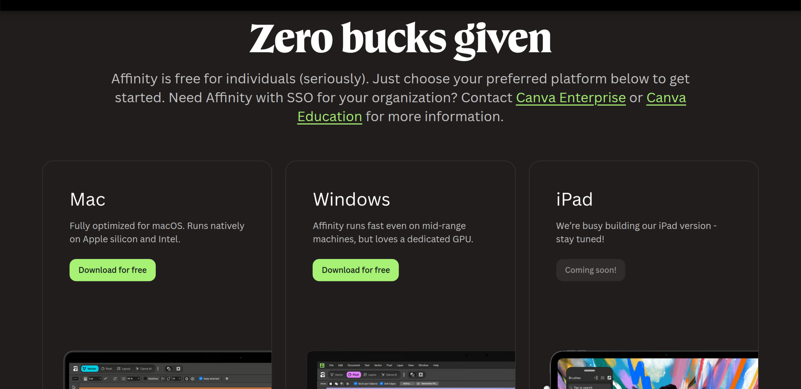 Affinity pricing: free for individuals on Mac and Windows