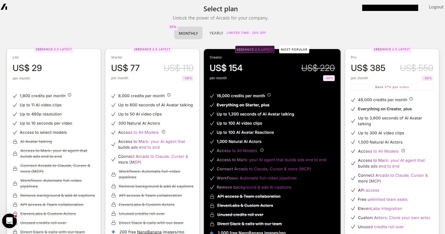 Arcads pricing
