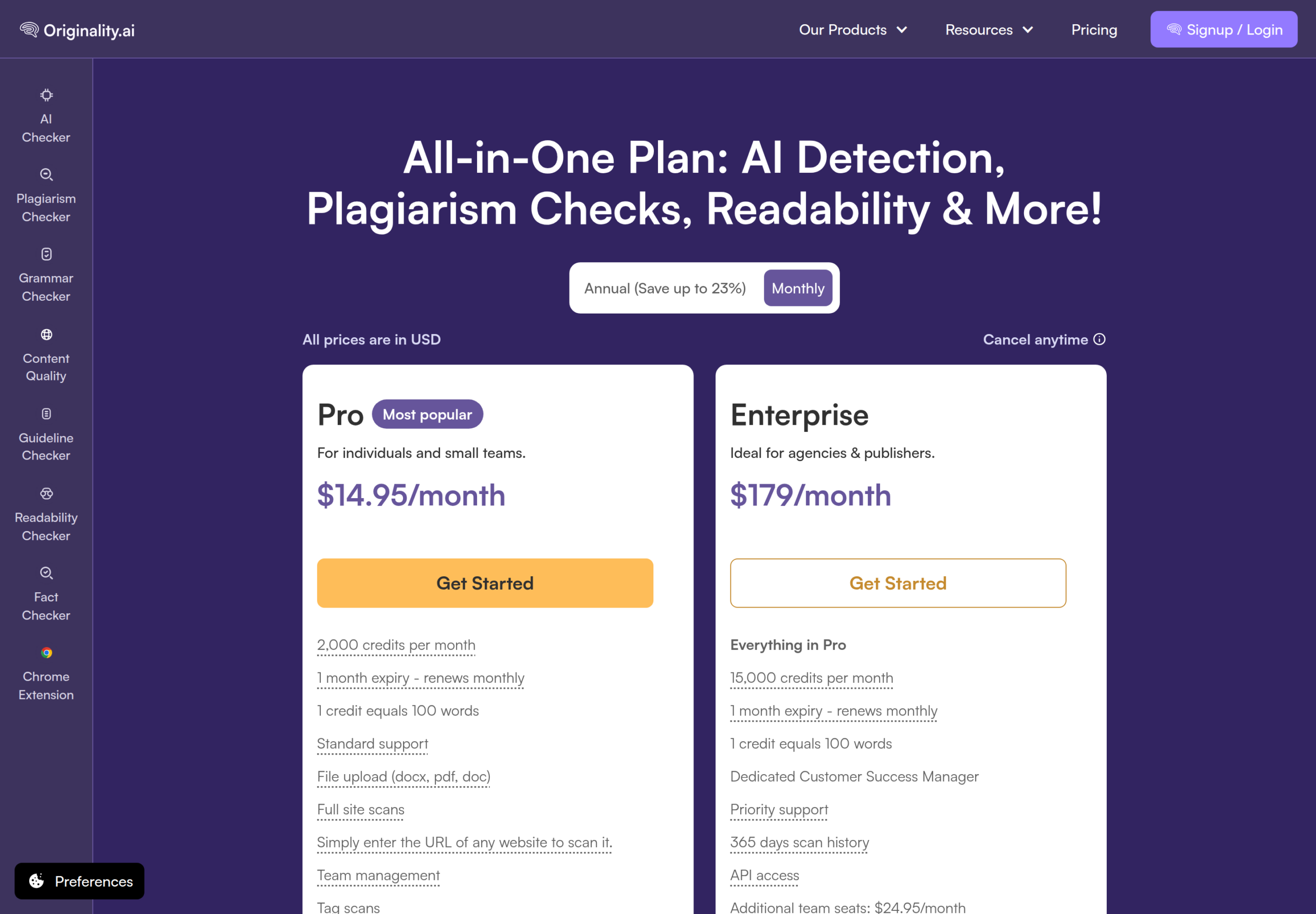Originality AI pricing Originality AI pricing