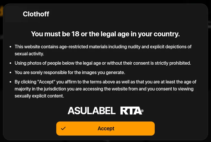 clothoff-crop Clothoff landing page age gate, images blocked (captured September 23, 2026)