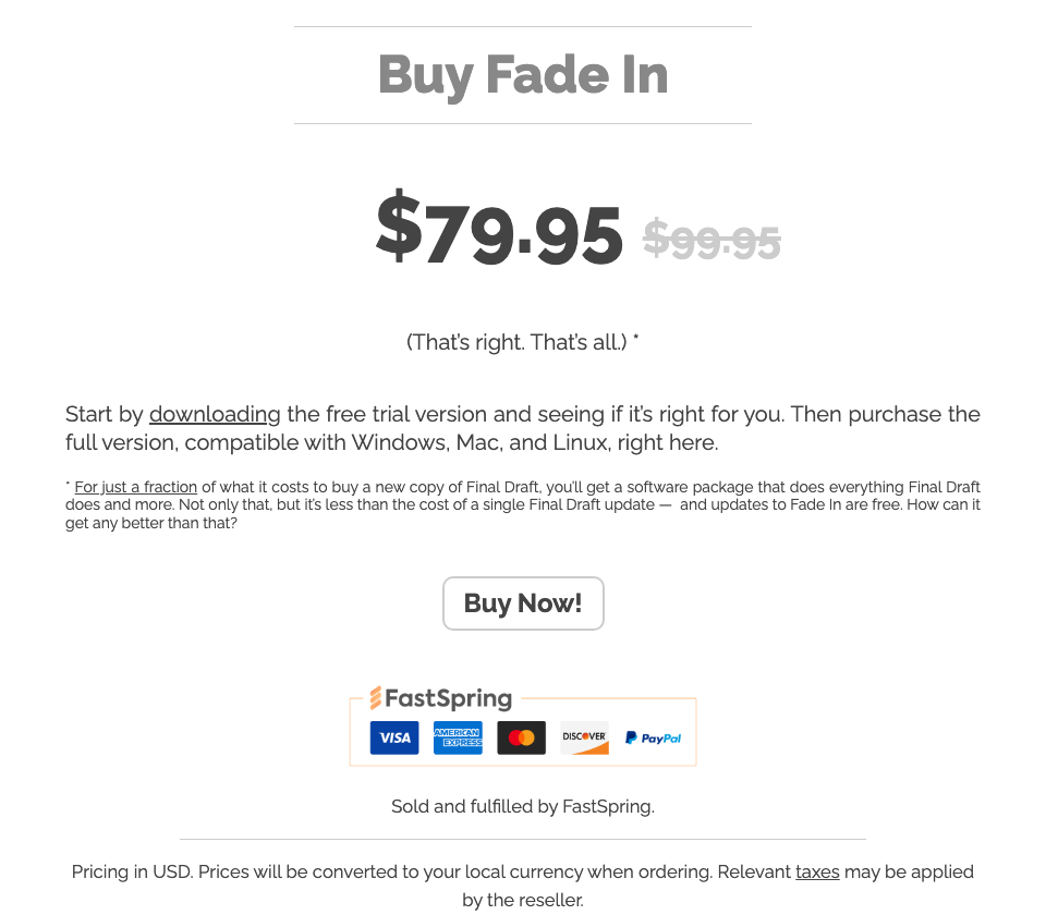 Fade In pricing