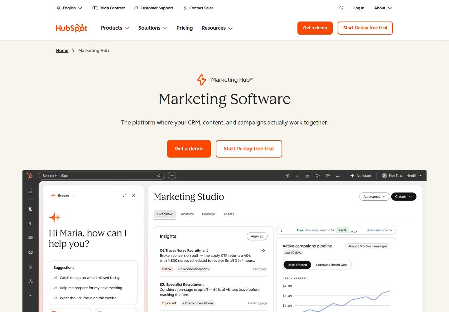 HubSpot Marketing Hub homepage
