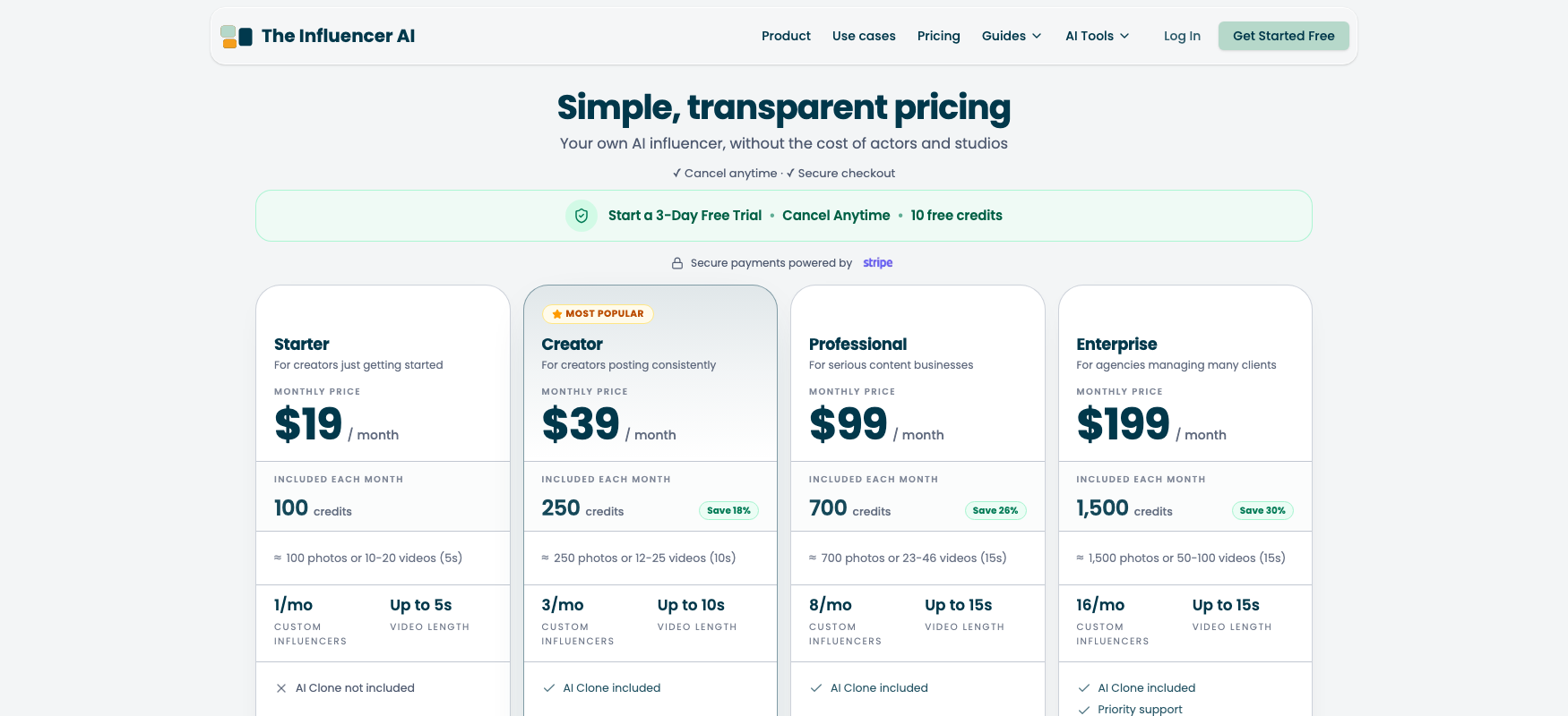 The Influencer AI pricing