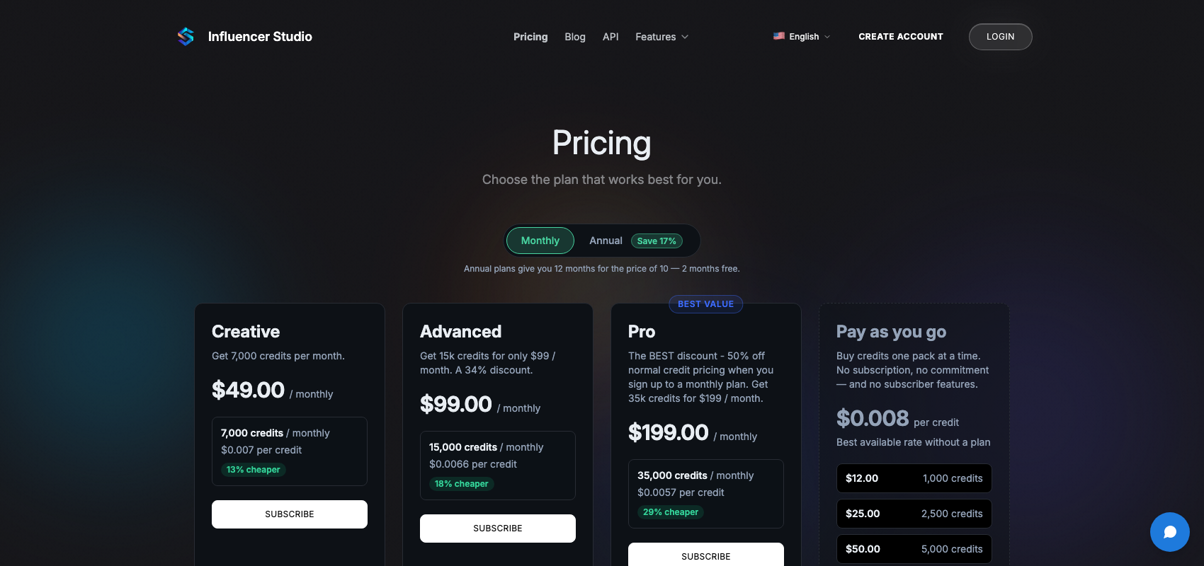 Influencer Studio pricing