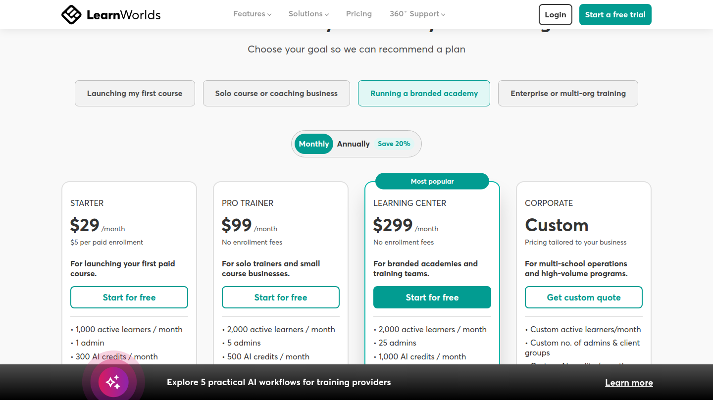 LearnWorlds pricing