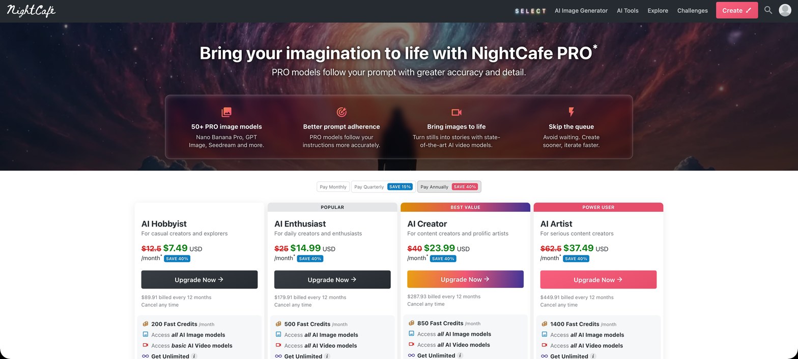 NightCafe pricing