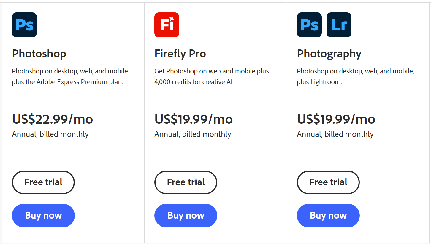 Adobe Photoshop pricing
