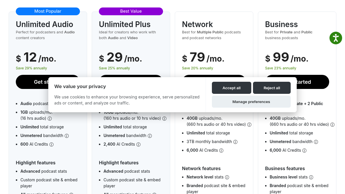 Podbean pricing