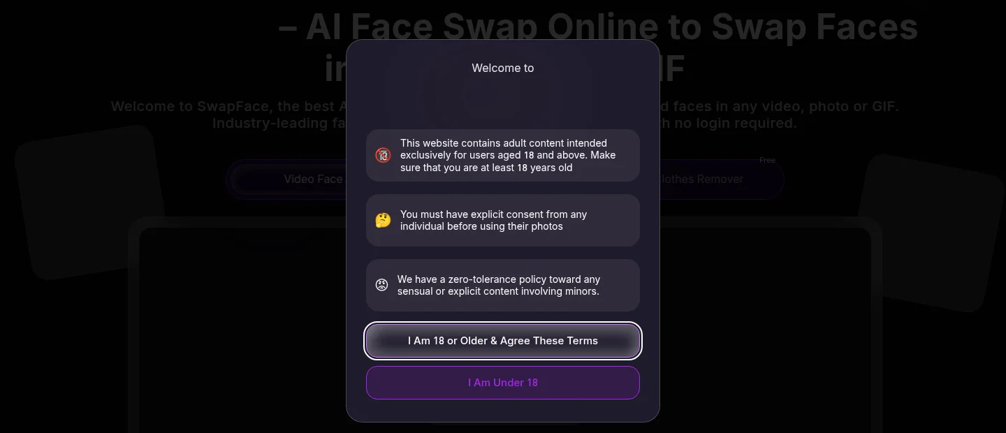 swapfaces-crop SwapFace (swapfaces.ai) landing page entry notice, images blocked (captured September 23, 2026)