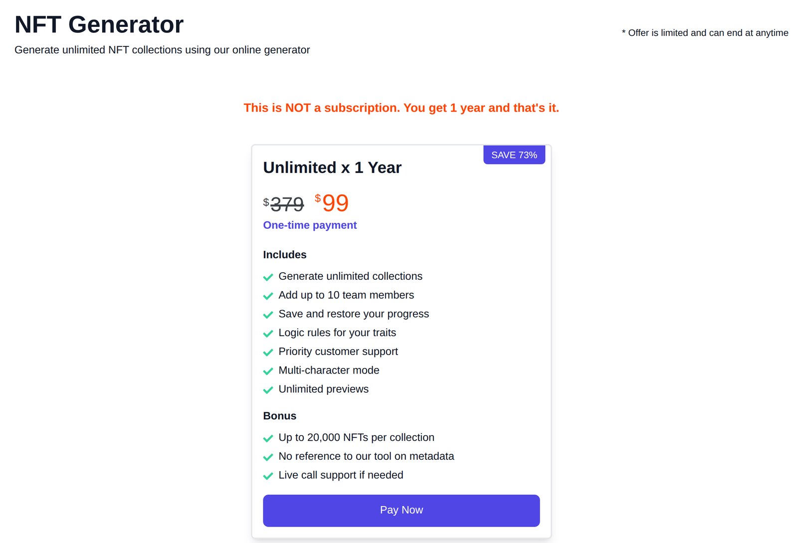 The NFT Generator pricing