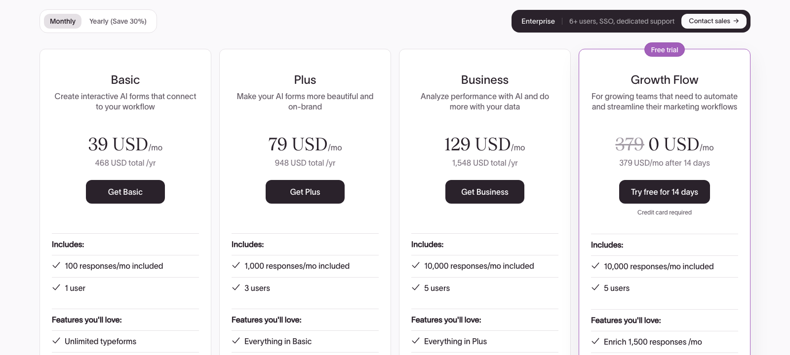 Typeform pricing